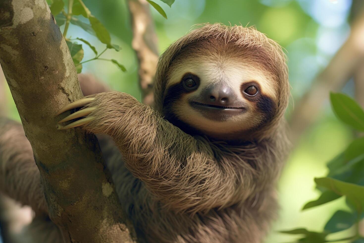 Cute sloth peeking out from tree photo