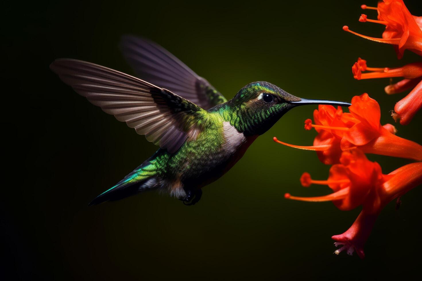 Colorful hummingbird feeding on vibrant red flowers photo