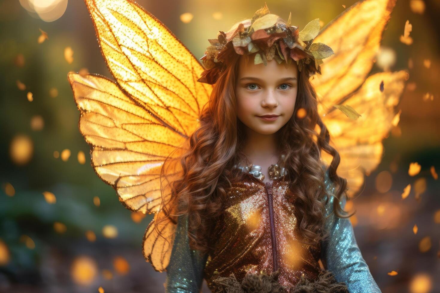 Autumn fairy with golden wings and floral crown photo