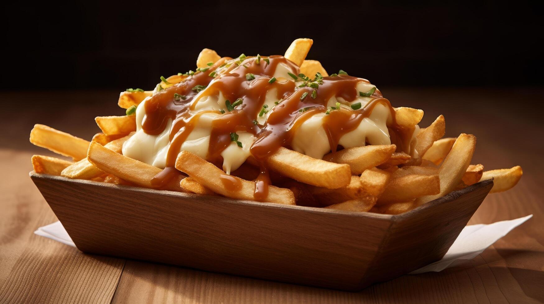 delicious poutine dish with french fries, cheese curds, and gravy photo