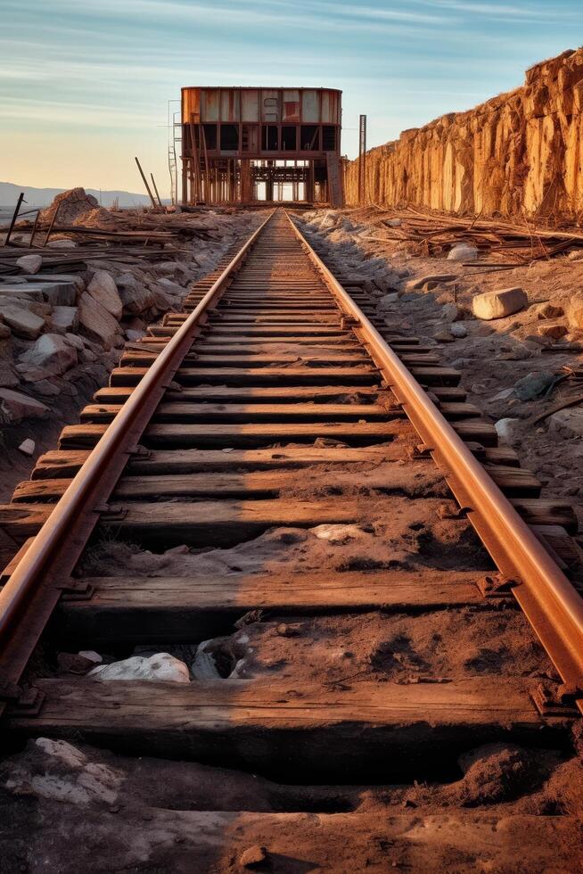 Abandoned railway track leading to dilapidated building in desert landscape photo
