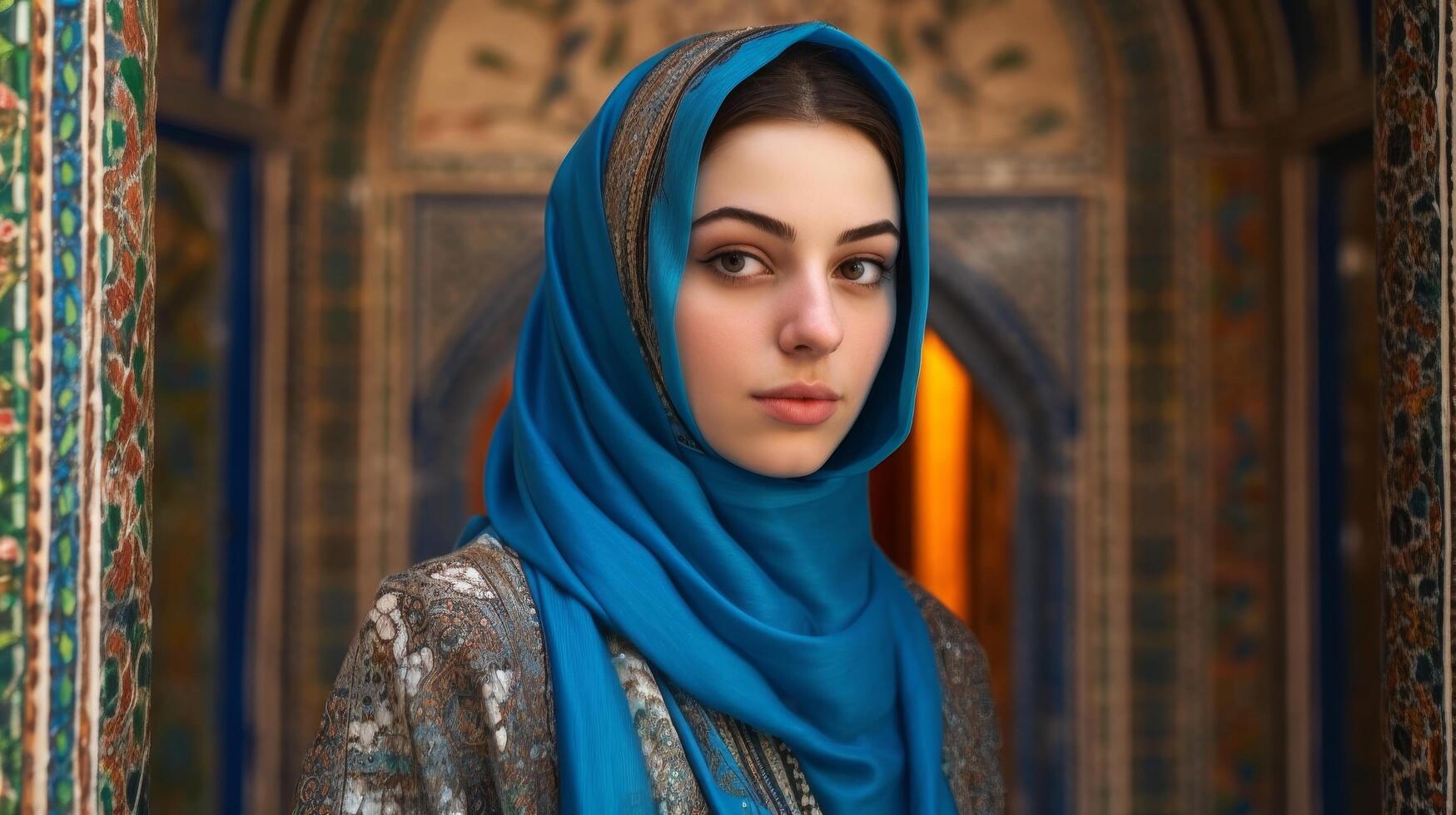 woman in blue hijab standing in front of ornate wall photo