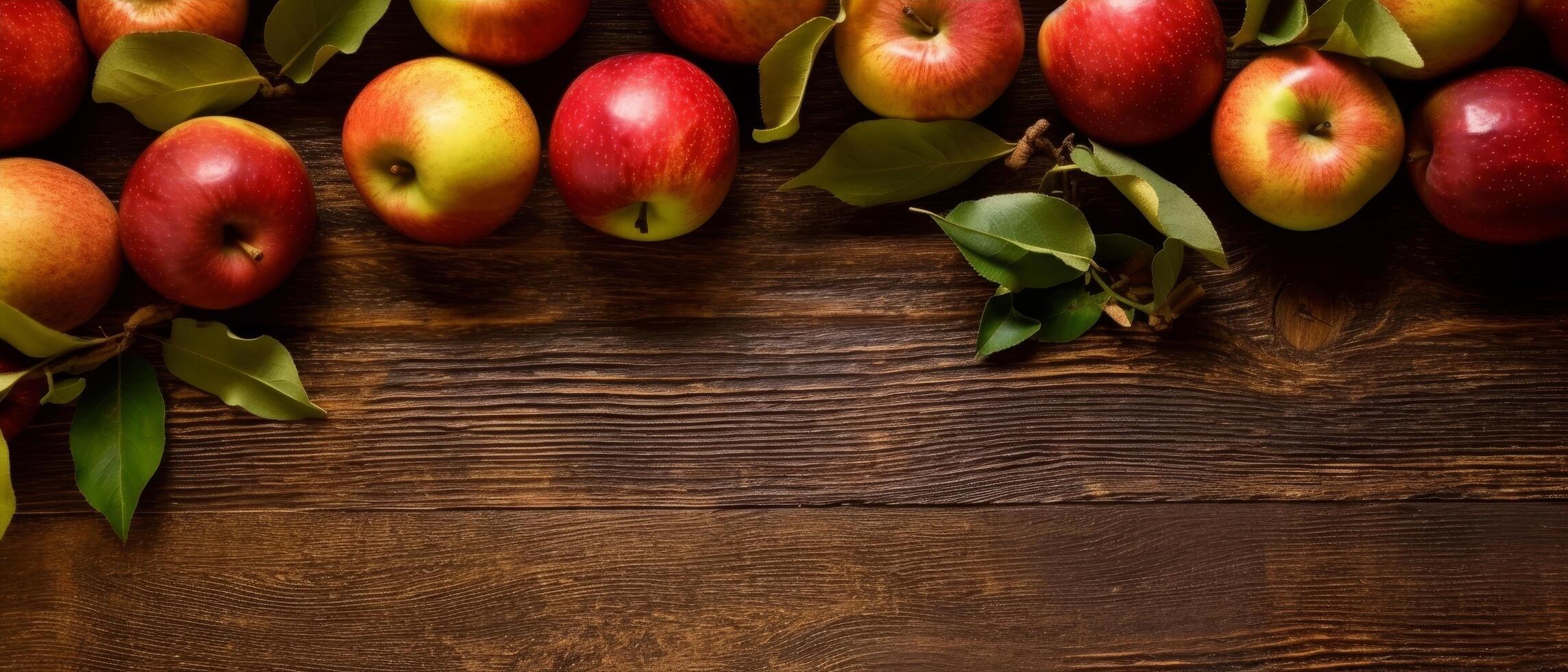 assortment of fresh red and yellow apples on a rustic wooden table photo