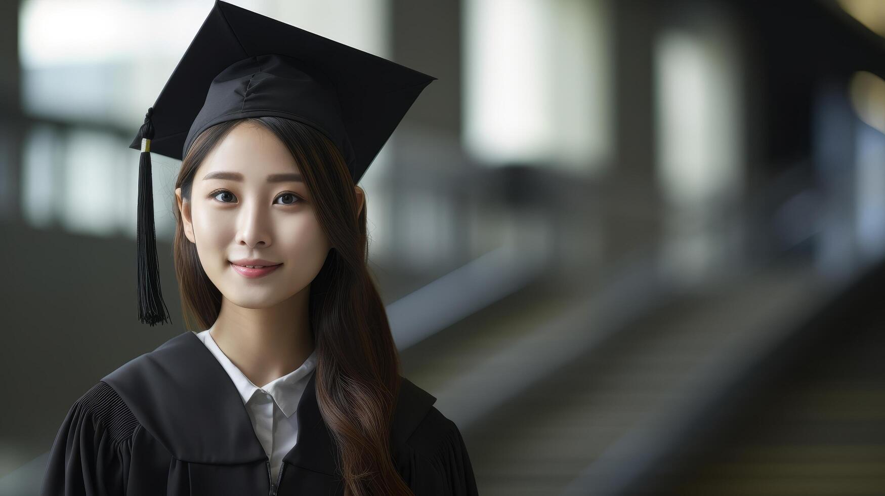 Smiling asian woman in graduation gown and cap photo