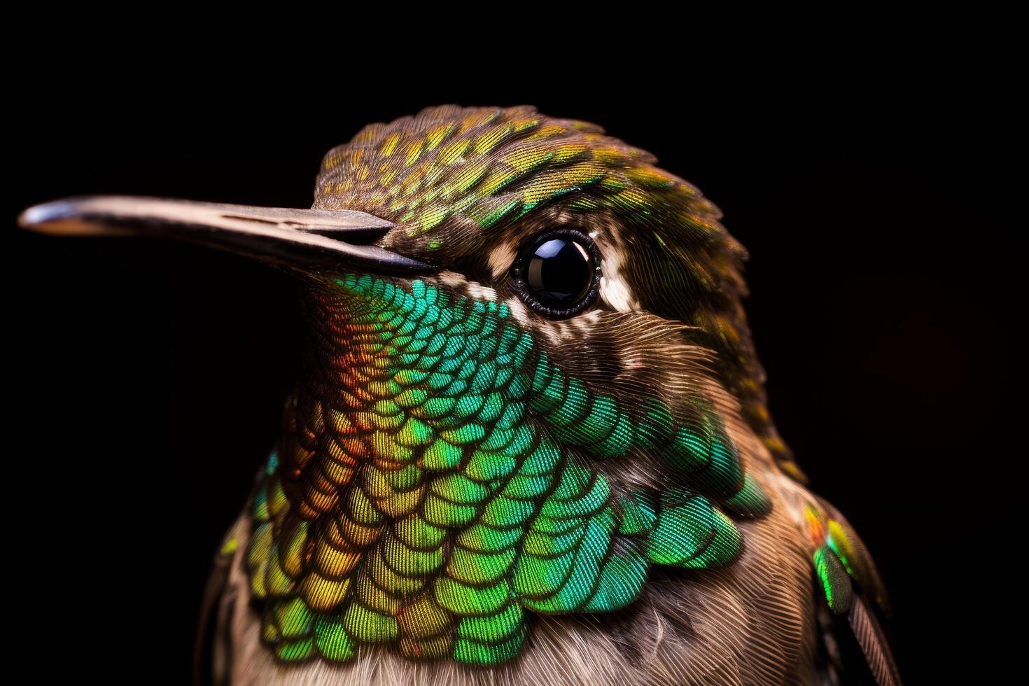Closeup of a vibrant hummingbird with iridescent feathers photo