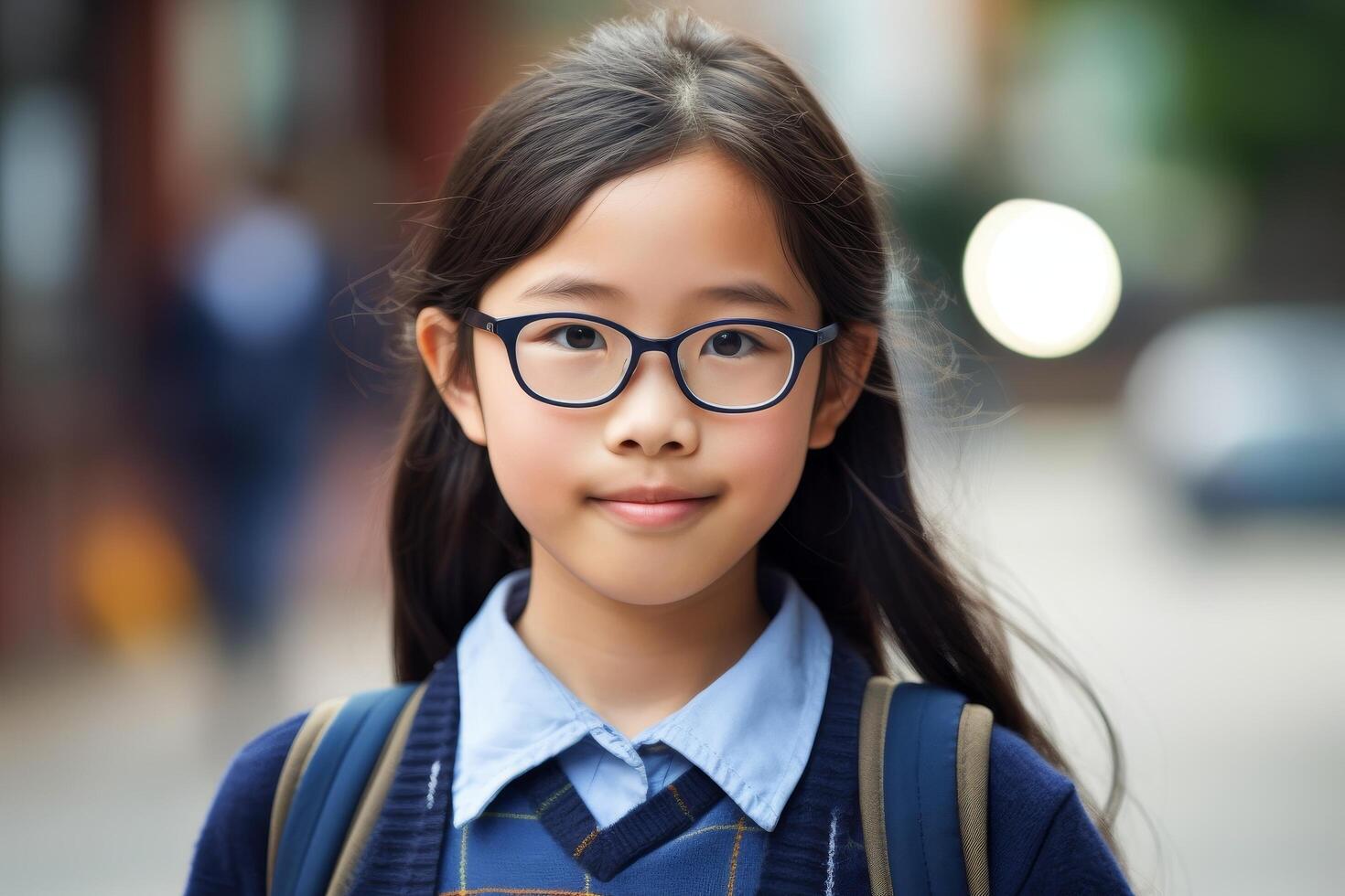young asian girl with glasses and backpack photo
