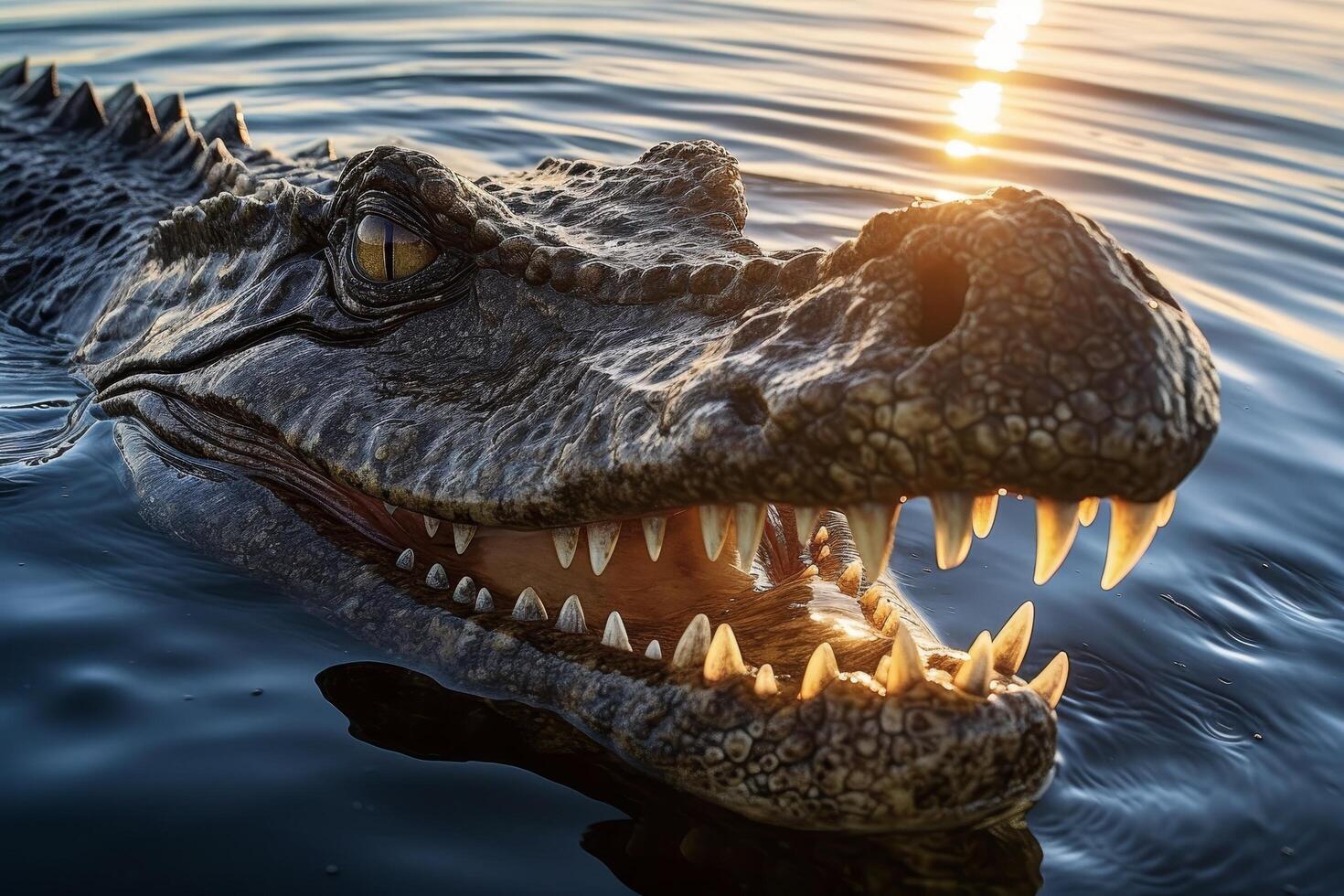 Alligator with open mouth in water at sunset photo
