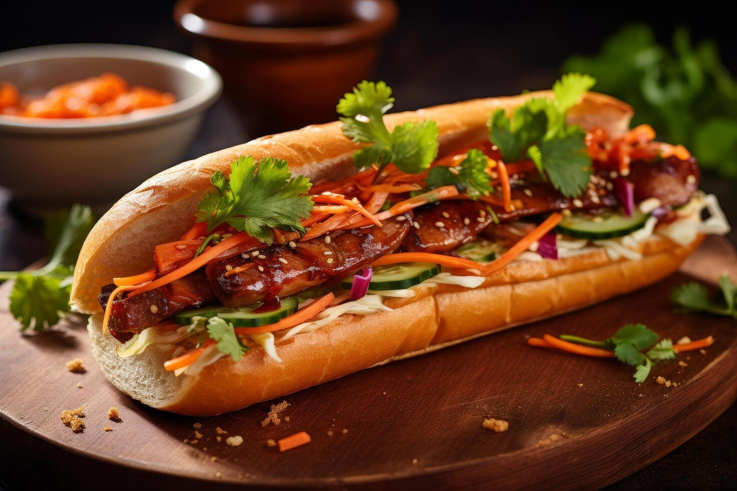 Delicious Vietnamese banh mi sandwich with pickled vegetables and fresh herbs photo