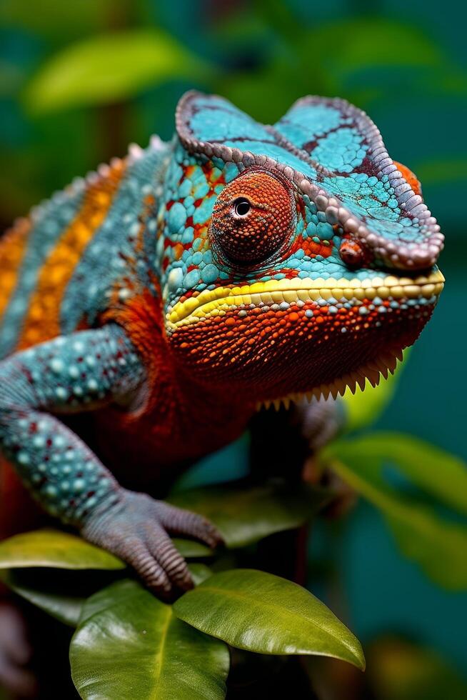 Colorful chameleon on leaf photo