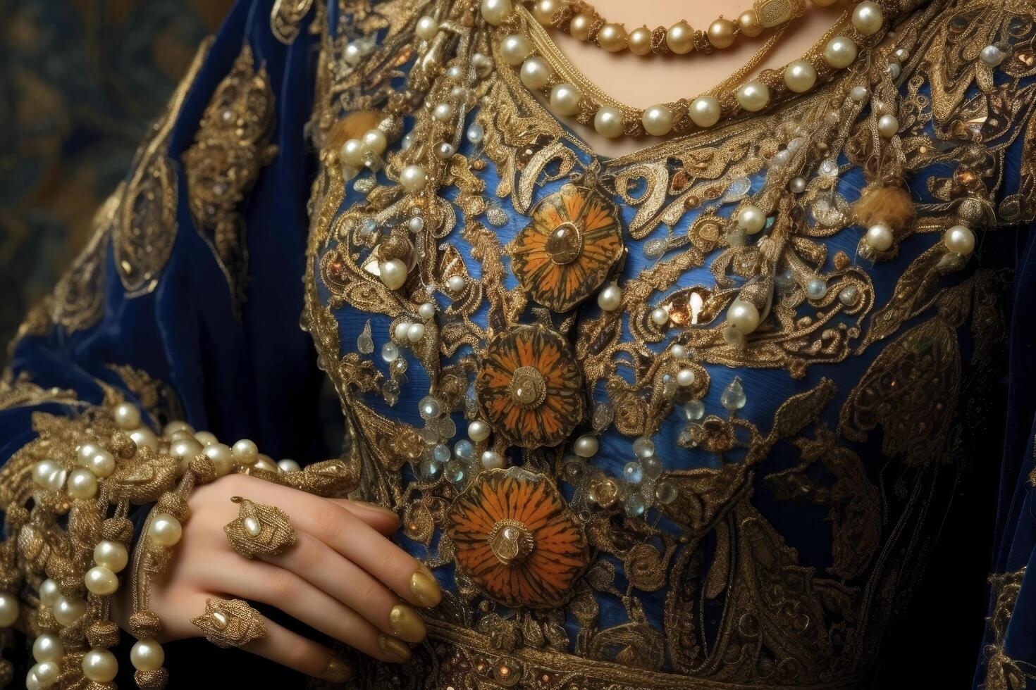 Ornate golden and blue embroidered dress with pearls and flowers photo
