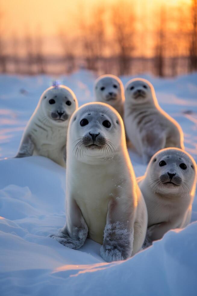 Adorable baby seals sitting on snow photo