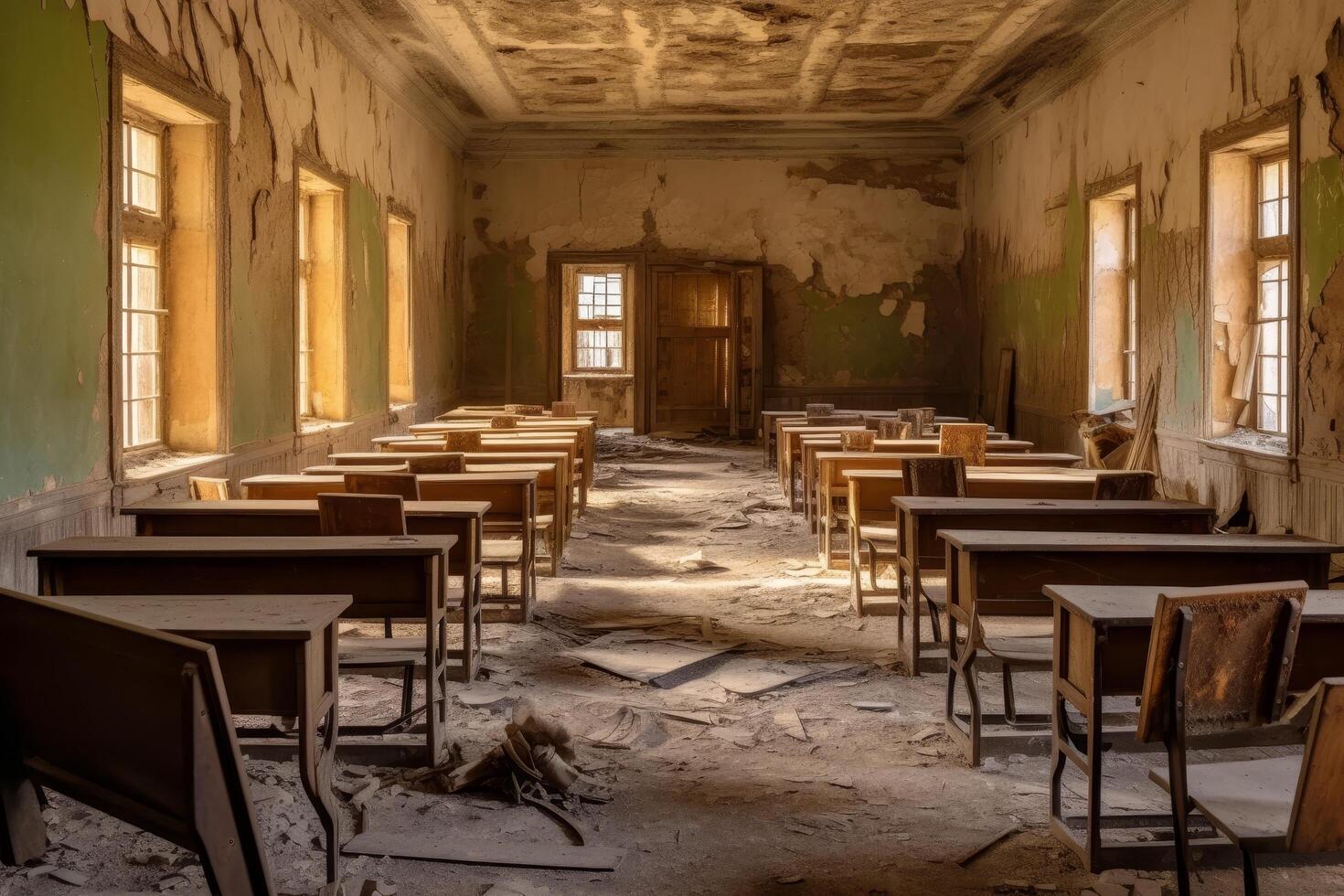 Abandoned classroom with dilapidated furniture and walls photo