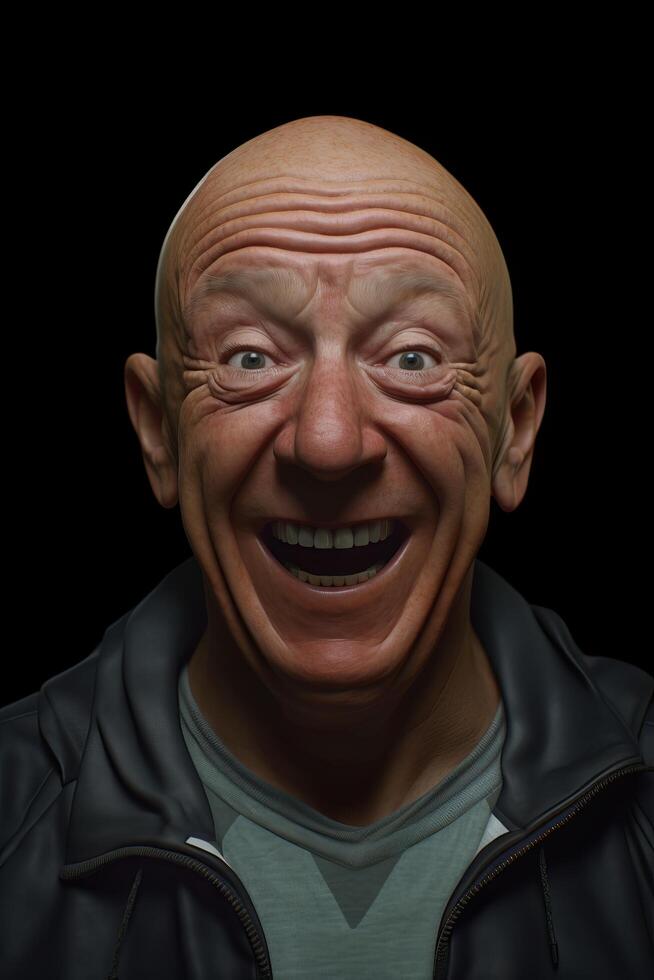 Expressive bald man with wrinkled face smiling photo