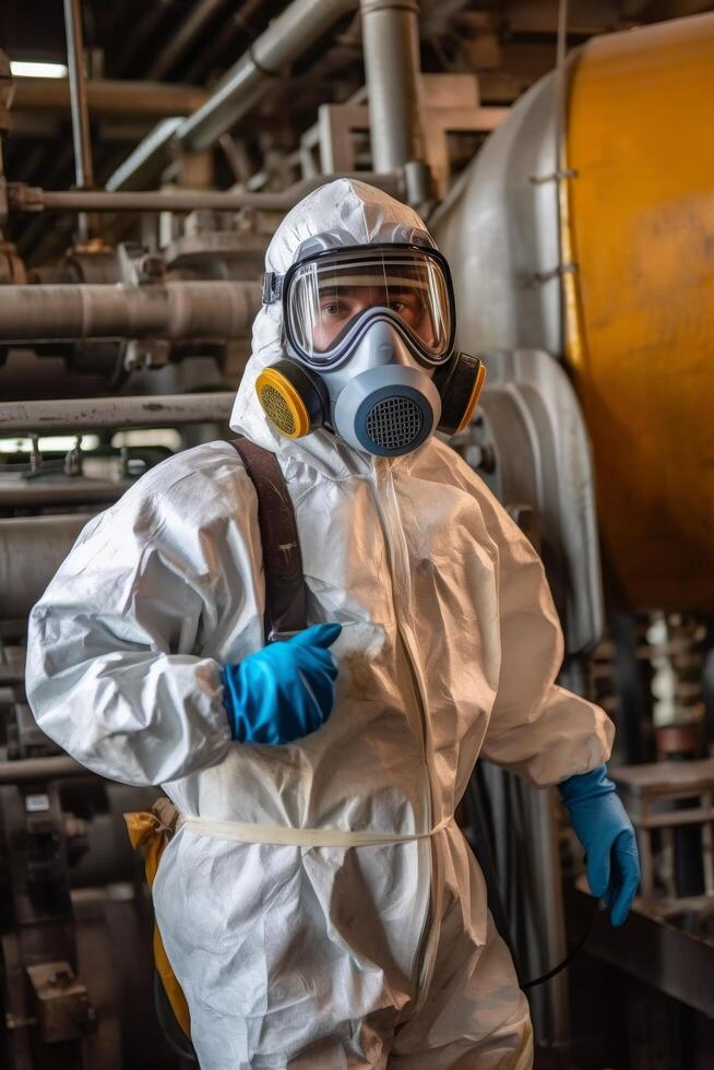worker in hazmat suit inspecting industrial equipment photo