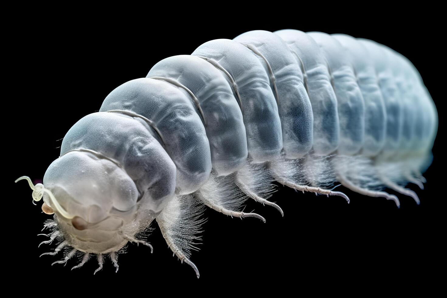 Close up of a transparent segmented insect larva photo