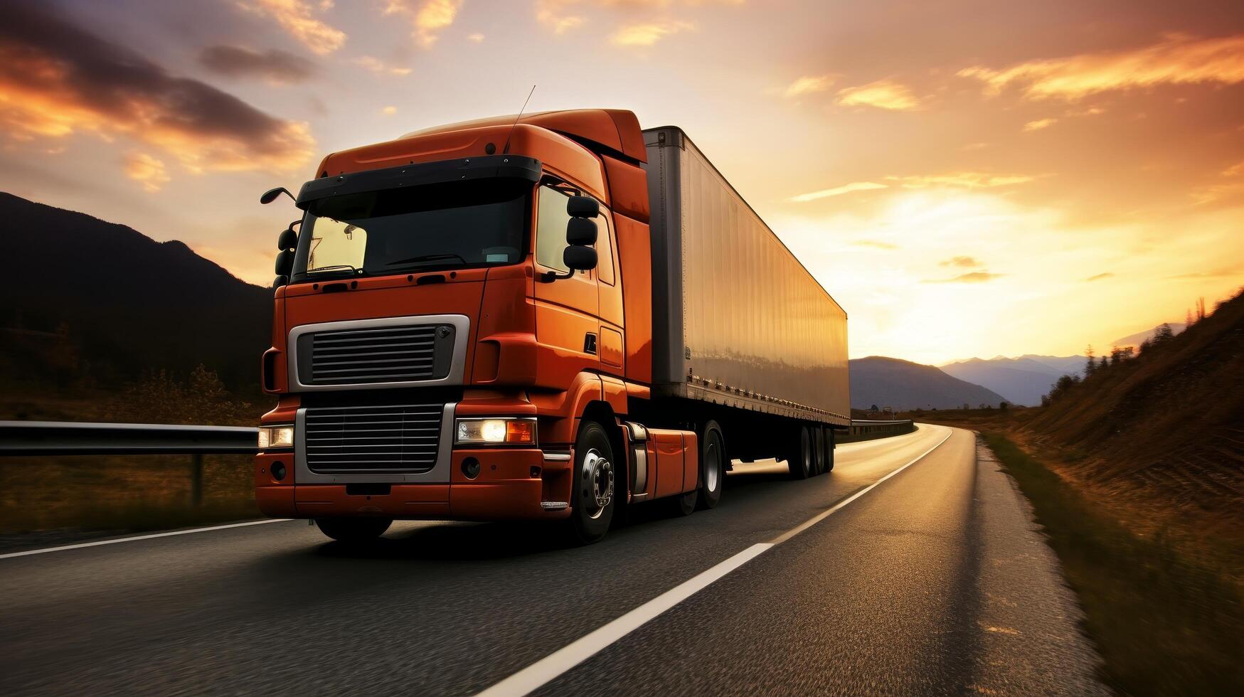 Sunset landscape with large cargo truck on highway photo