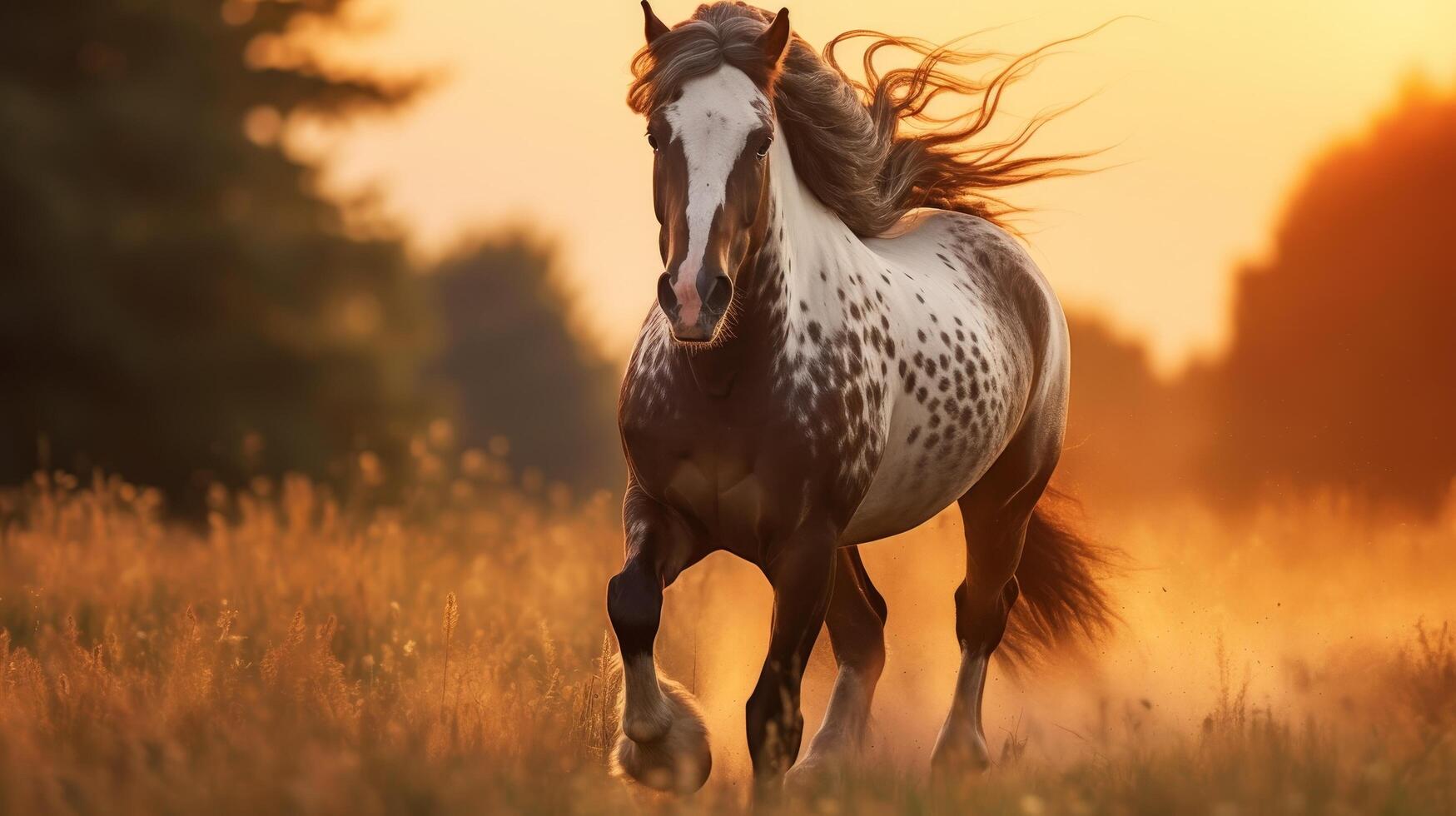 Majestic spotted horse running through golden field at sunset photo