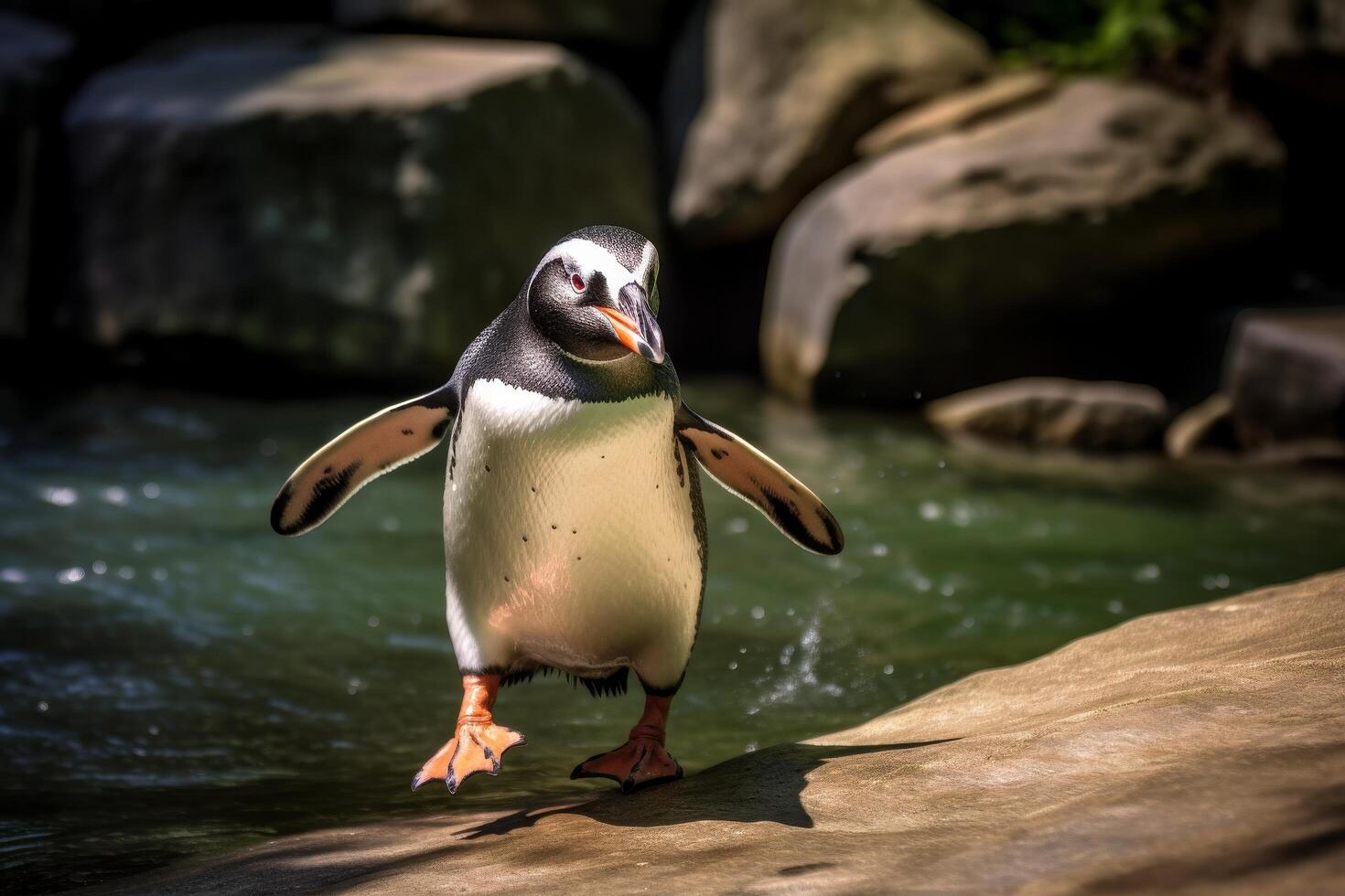Curious penguin standing on rock near water photo