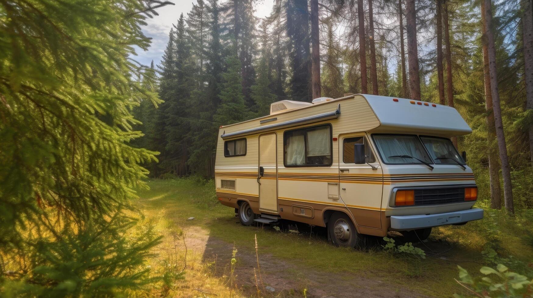 Cozy RV parked in scenic forest photo