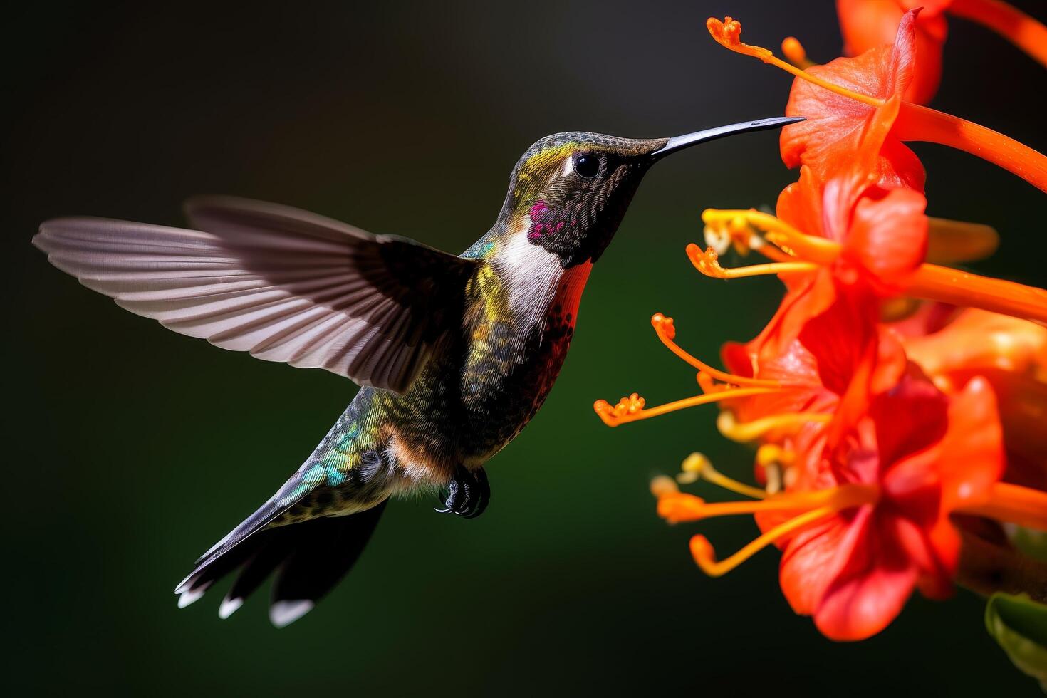 Hummingbird feeding on vibrant red flower photo