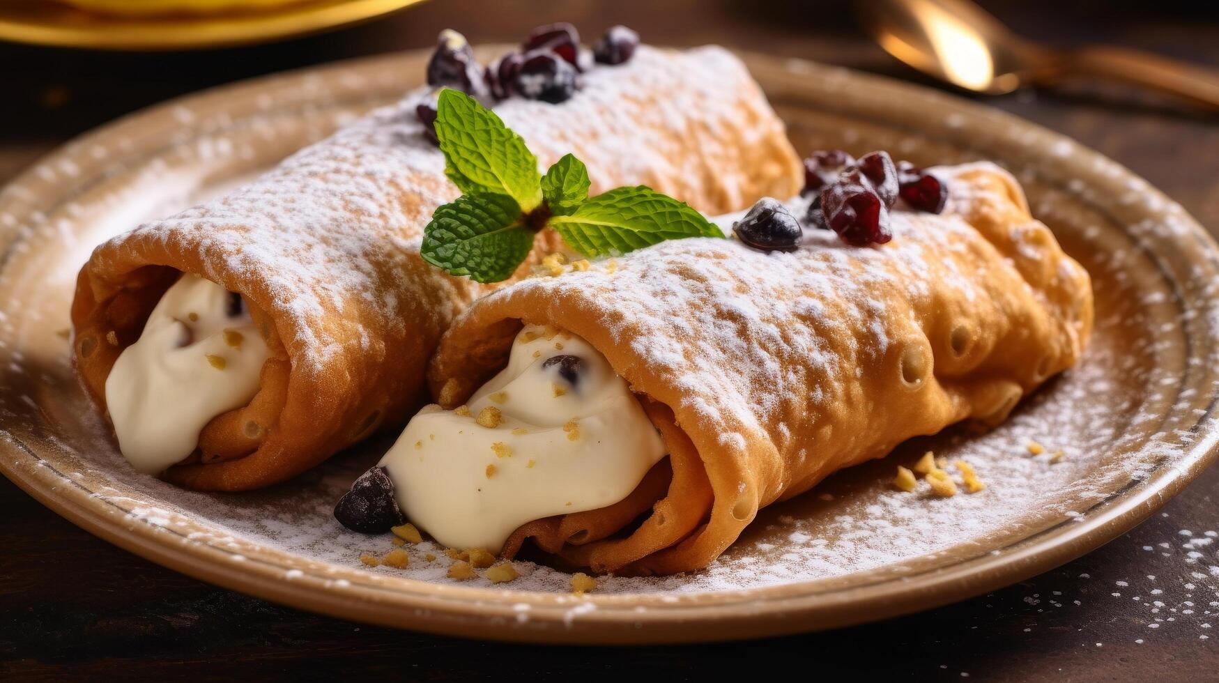Delicious crepes filled with cream and berries photo