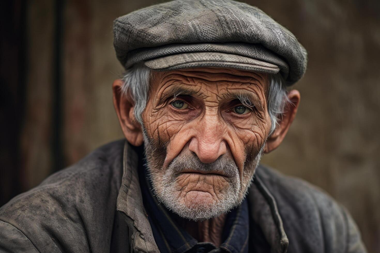 Weathered face of an elderly man wearing a gray cap photo