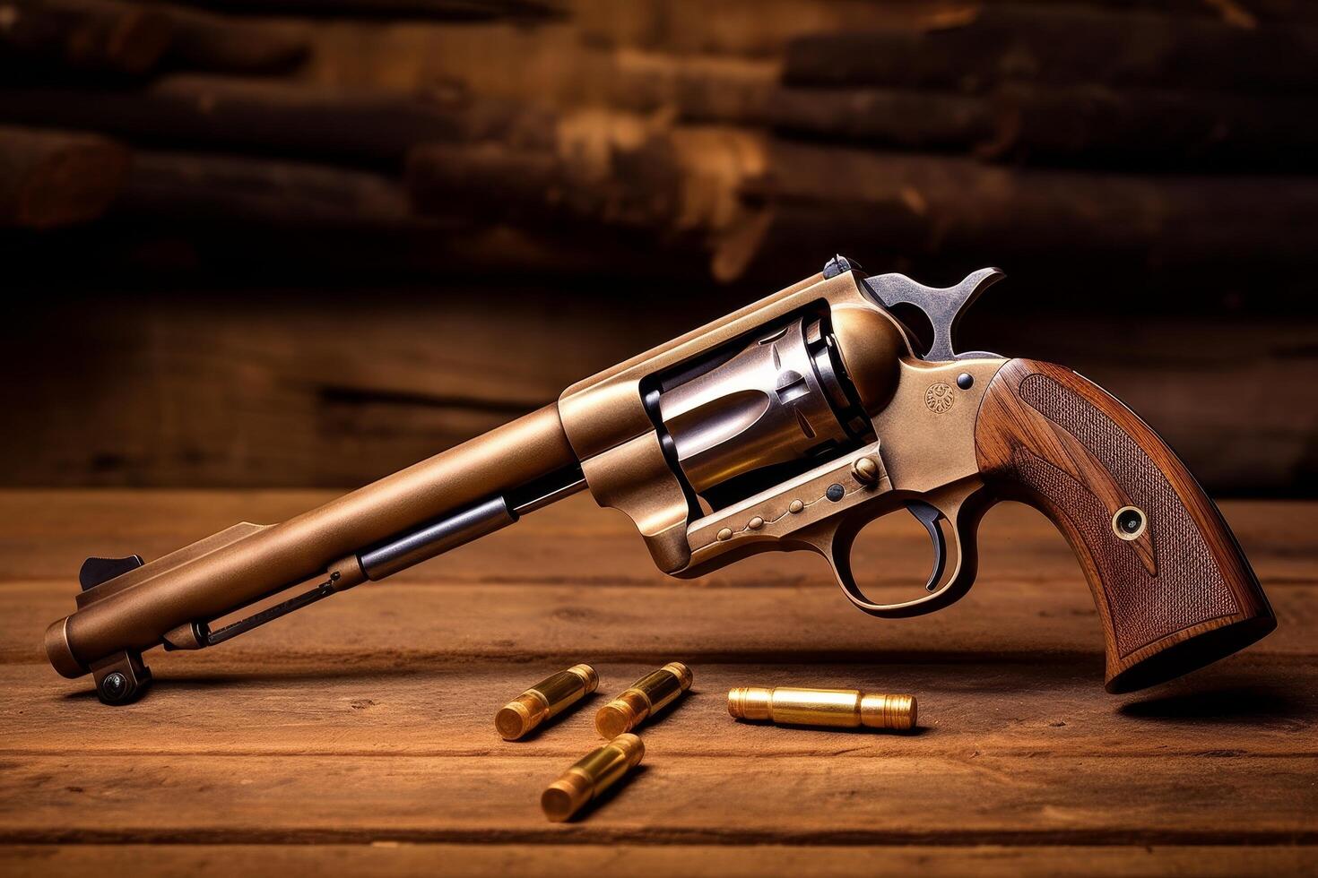Vintage revolver with ammunition on wooden table photo