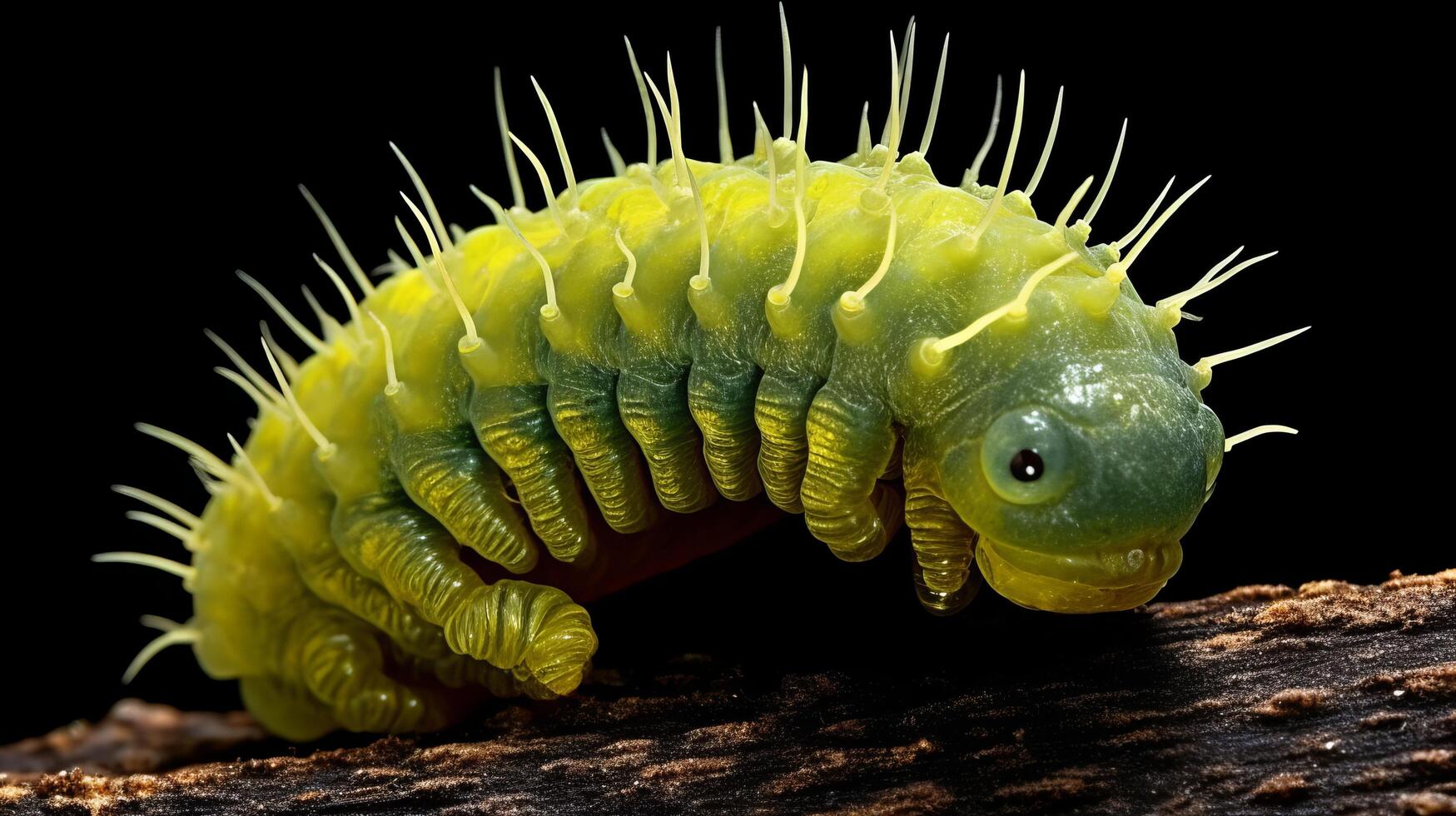 Vibrant yellow caterpillar with spikes on a dark background photo