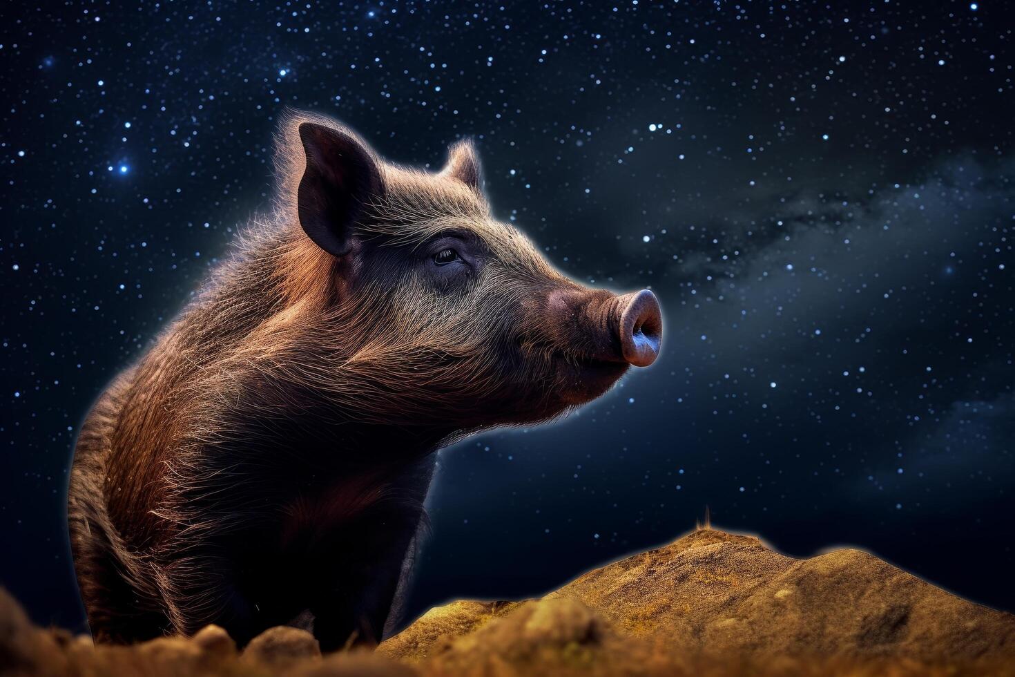 Curious pig gazing at the night sky photo