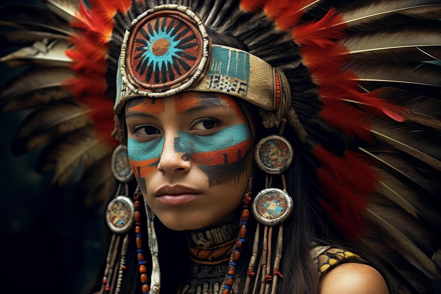 indigenous tribal person in traditional headdress and face paint photo