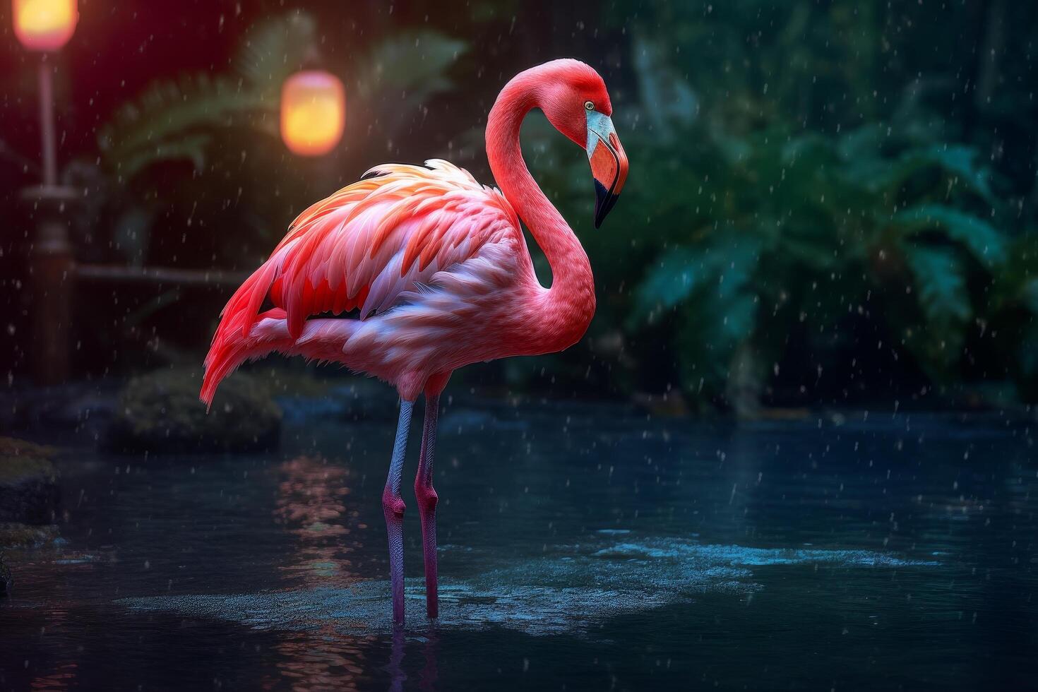 Vibrant pink flamingo standing in the rain photo