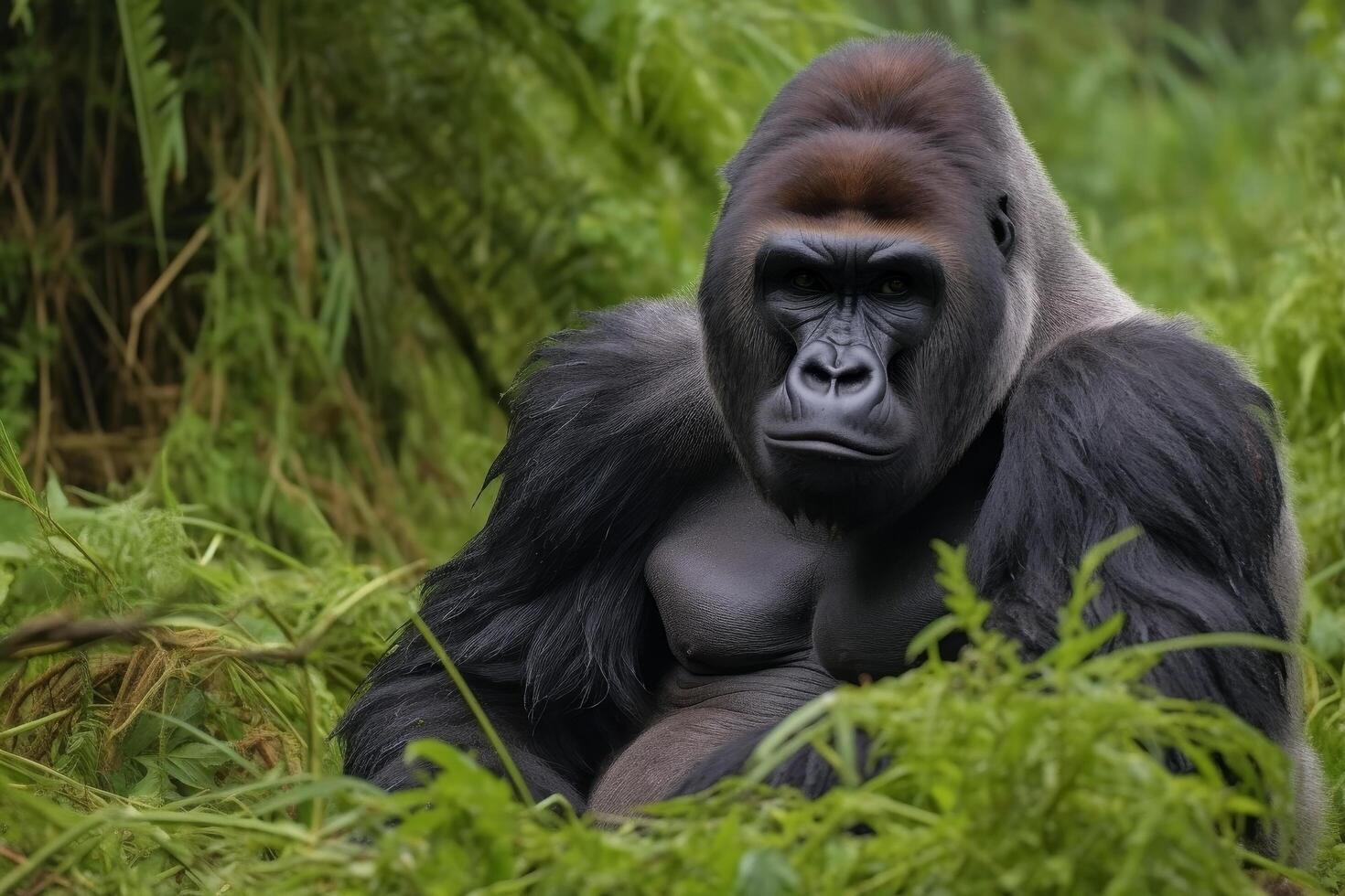 Powerful gorilla in lush green jungle photo