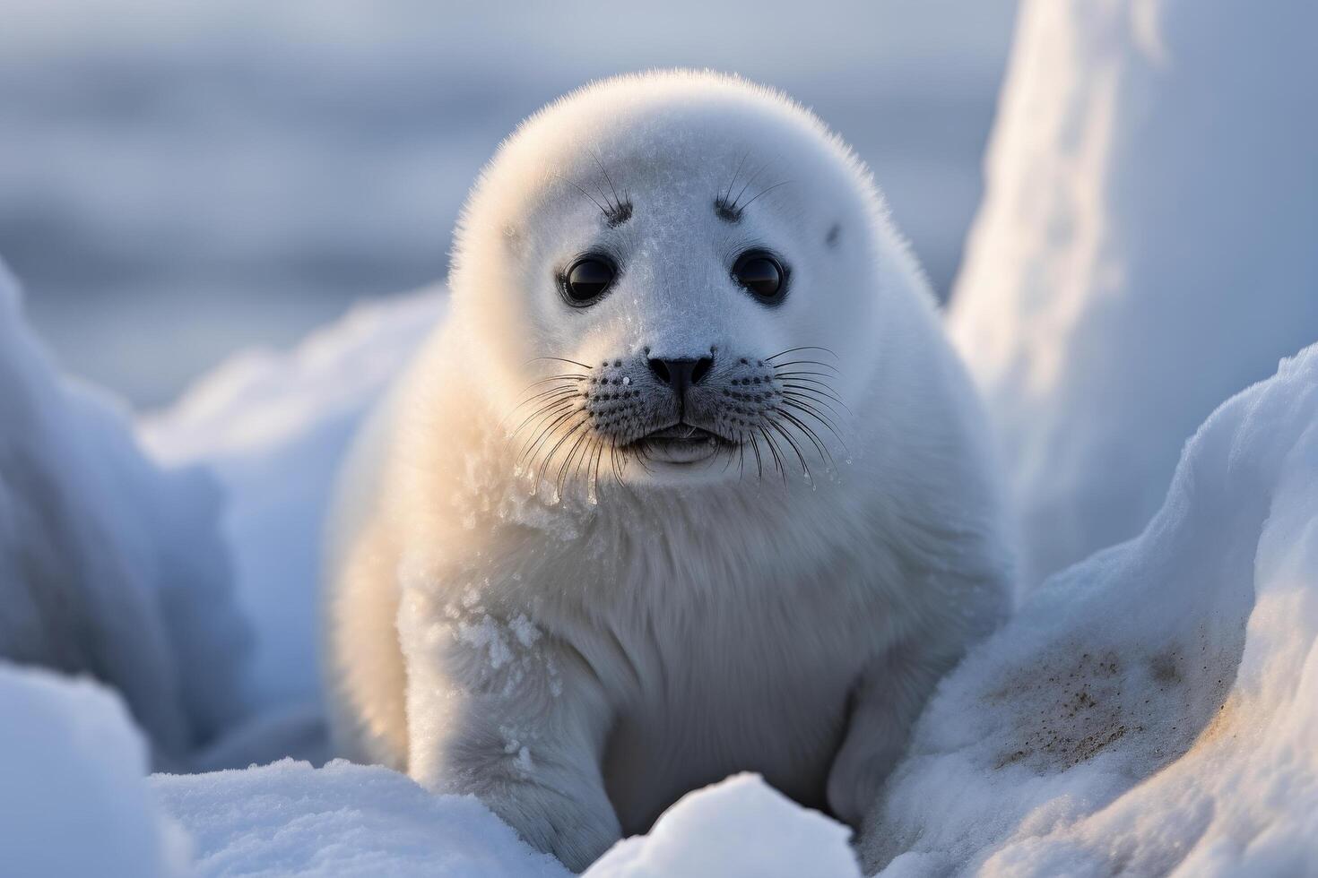 Adorable baby harp seal resting on snow photo