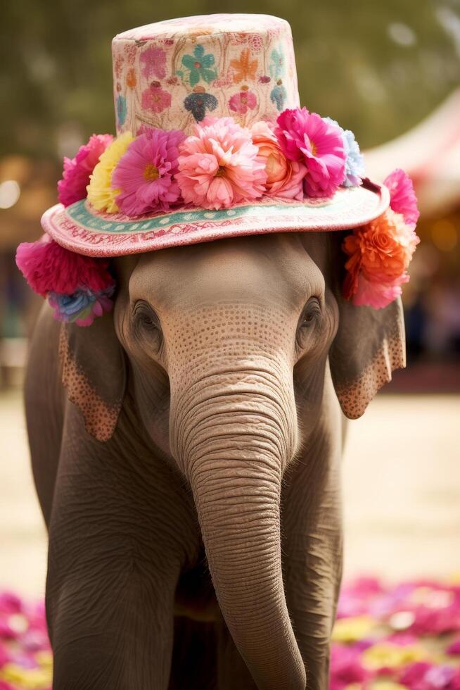 Vibrant floral hat adorns elephant in natural setting photo