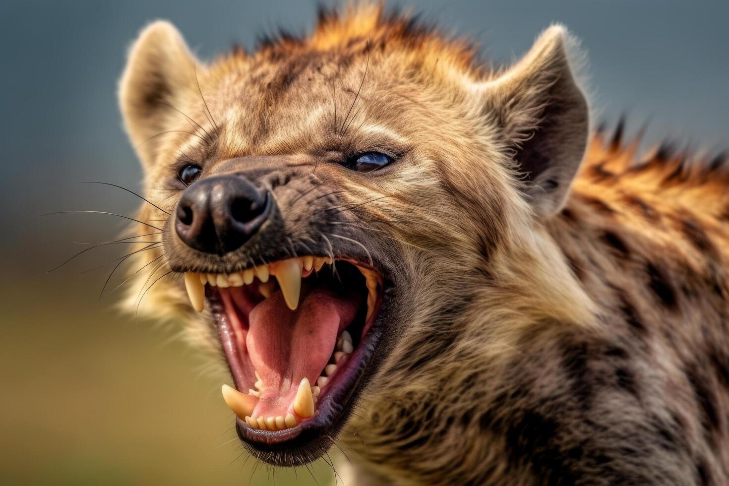 Fierce hyena with open mouth and sharp teeth photo