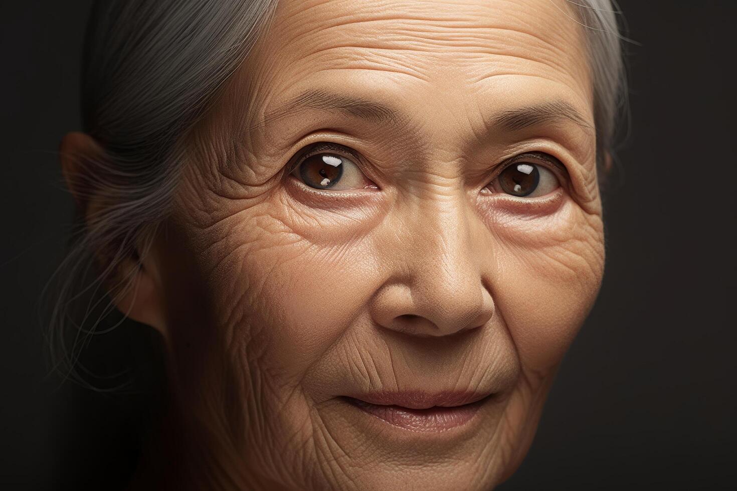 Close up portrait of an elderly woman with wrinkled skin and thoughtful expression photo