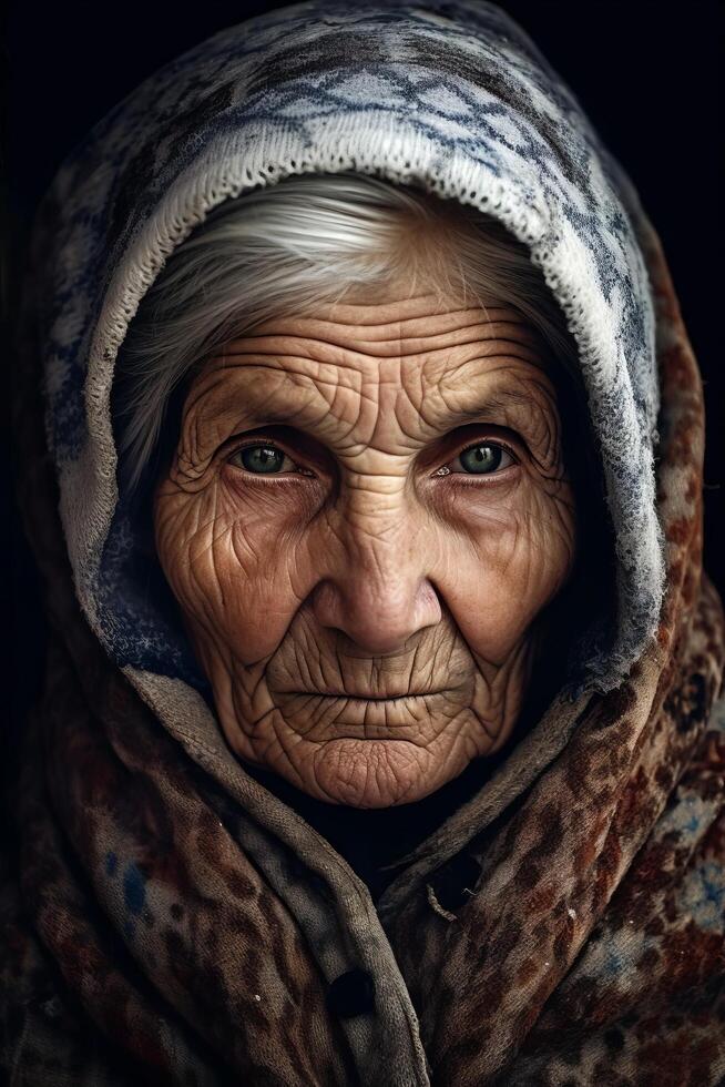 Weathered face of elderly woman in traditional headscarf photo