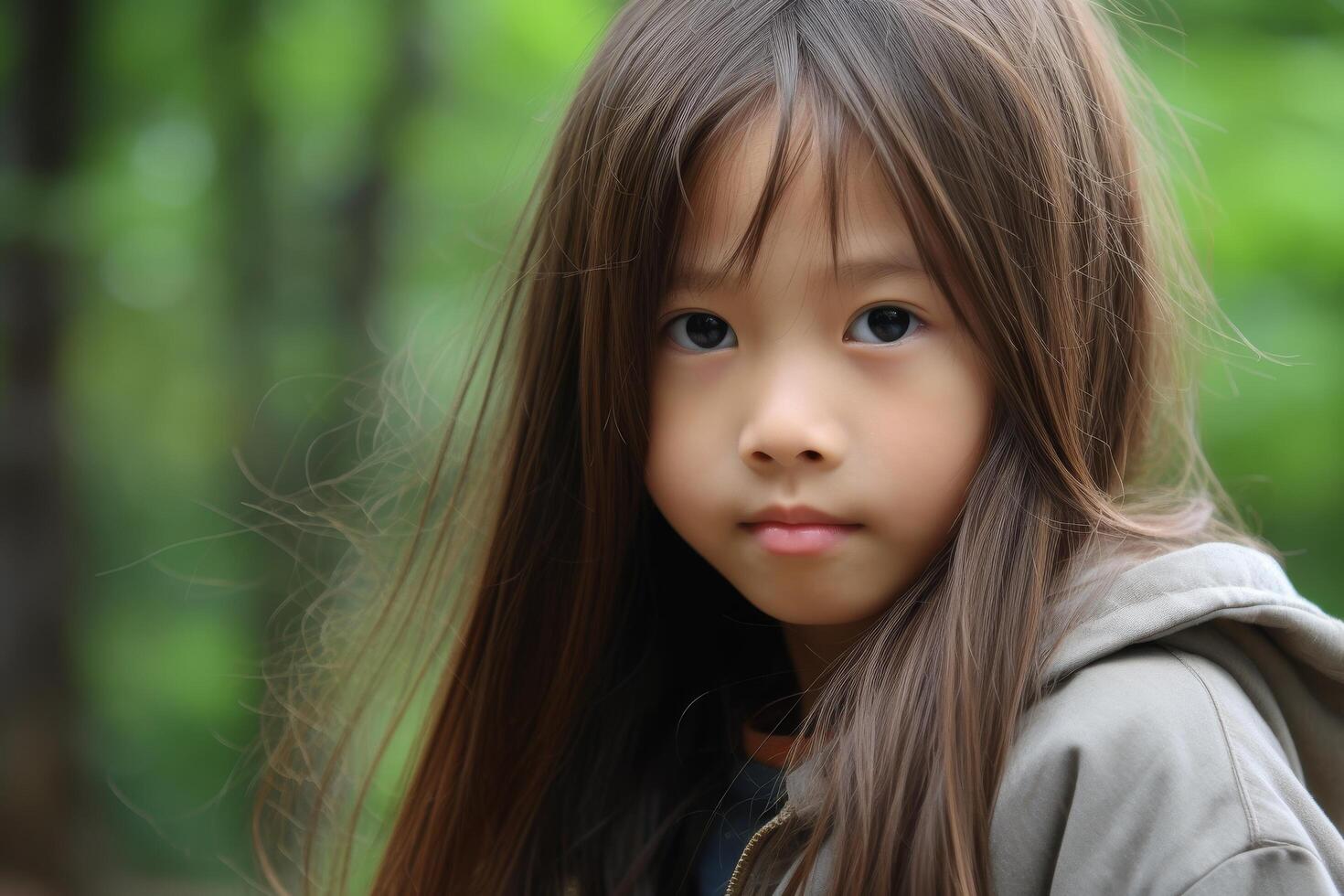 young girl with windswept hair in nature photo