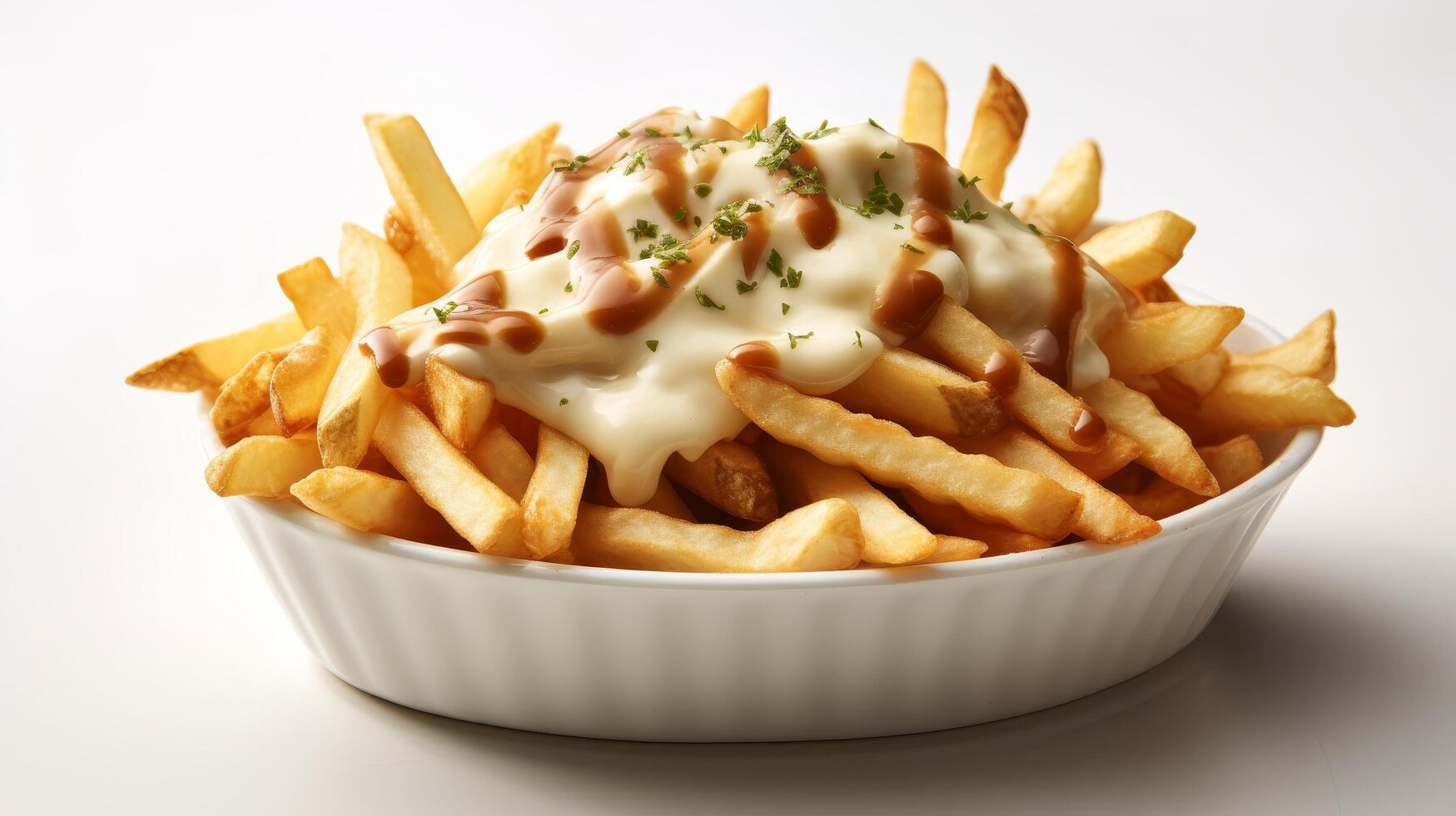 Delicious cheesy french fries photo