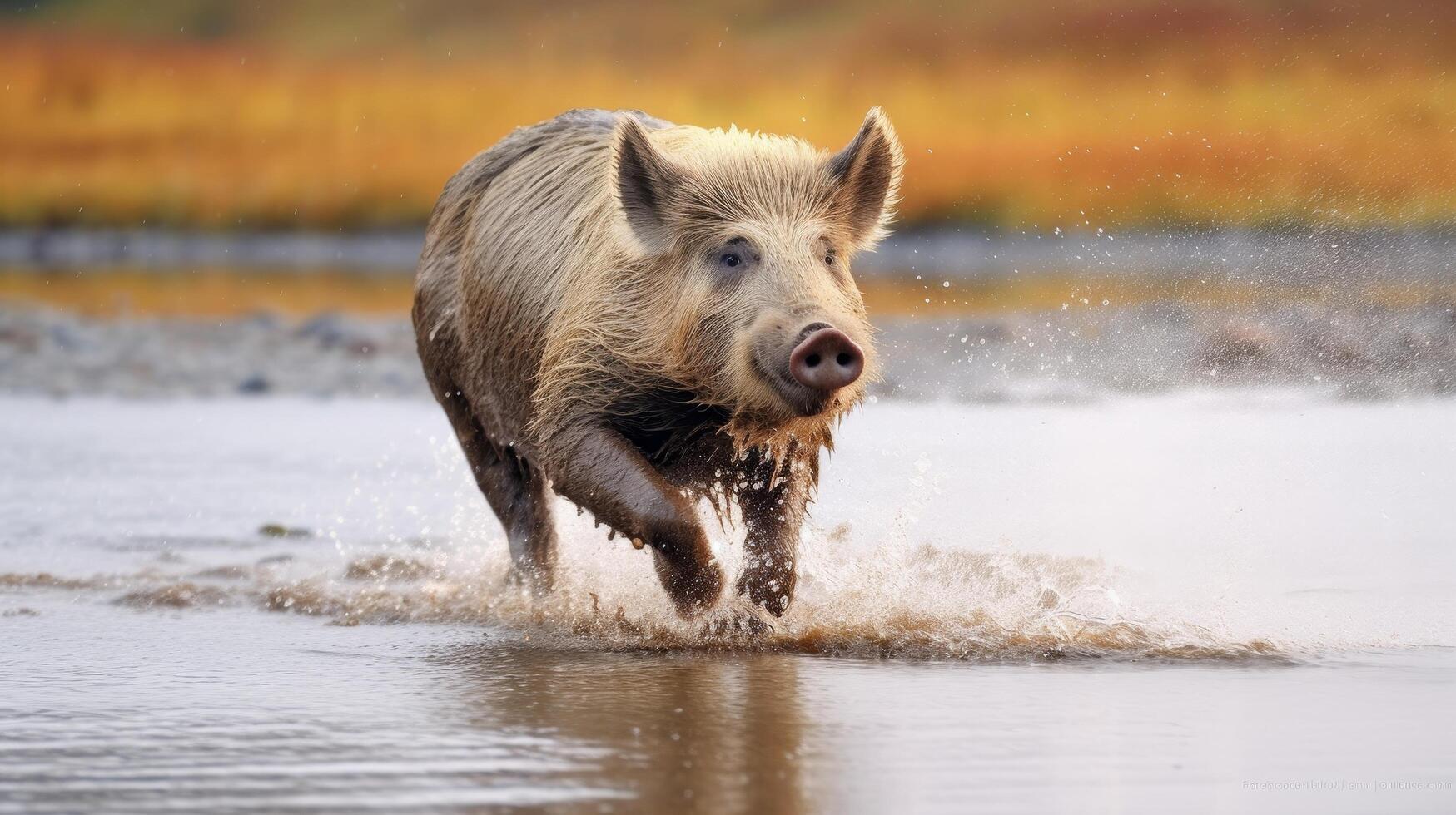 wild boar running through shallow water photo