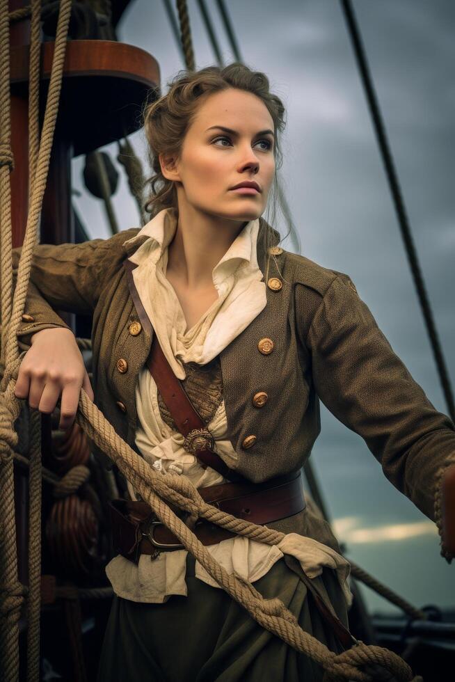 Adventurous woman on a sailing ship photo