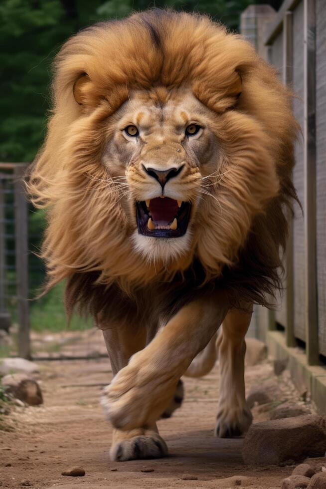 Majestic lion roaring in the wild photo