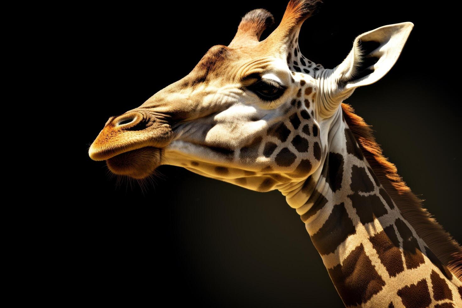 close up of giraffe head in dark background photo