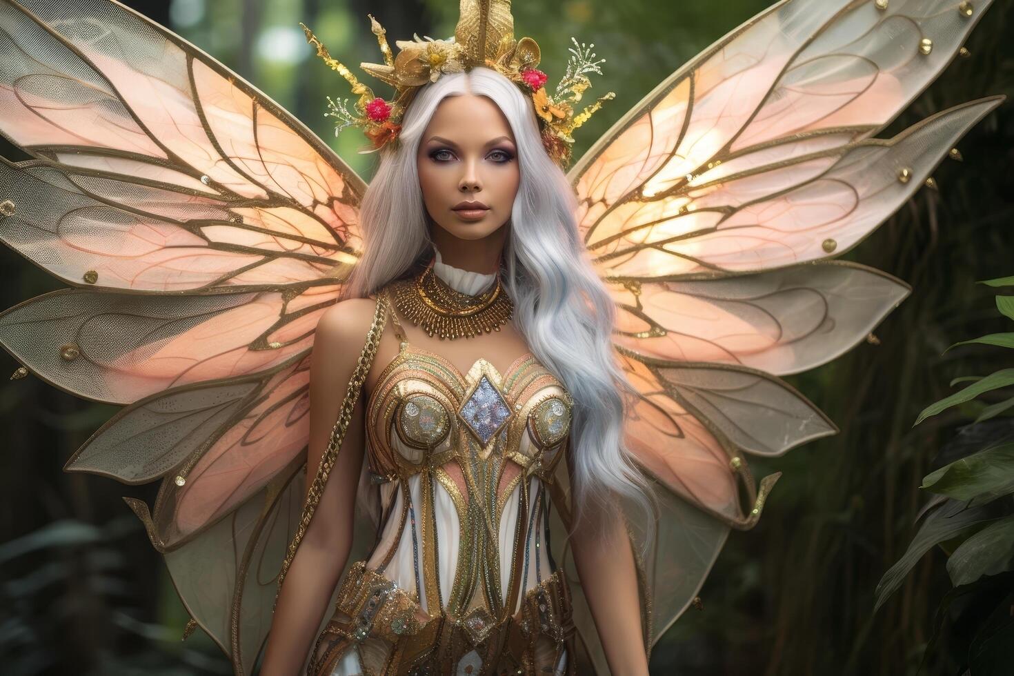 Mystical fairy with golden wings and crown photo