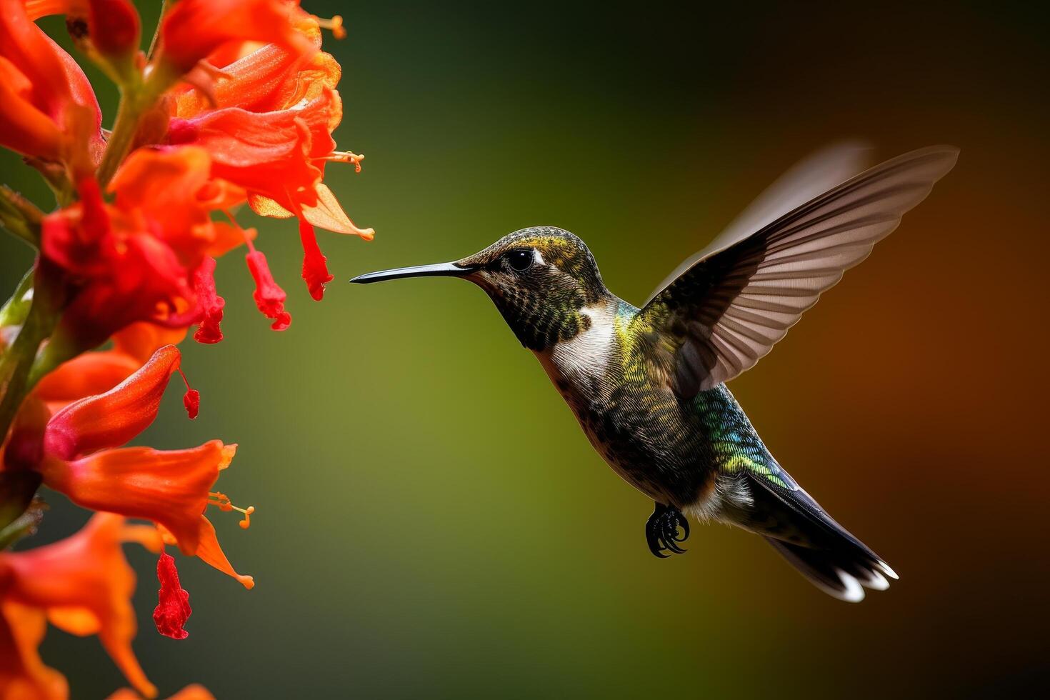 Hummingbird feeding on vibrant red flower photo