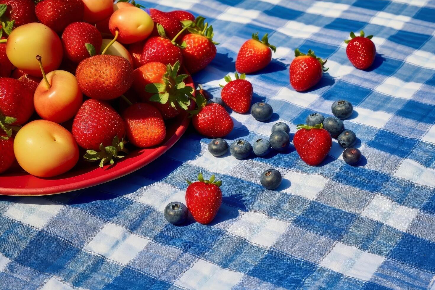 Assortment of fresh summer fruits on a checkered picnic blanket photo