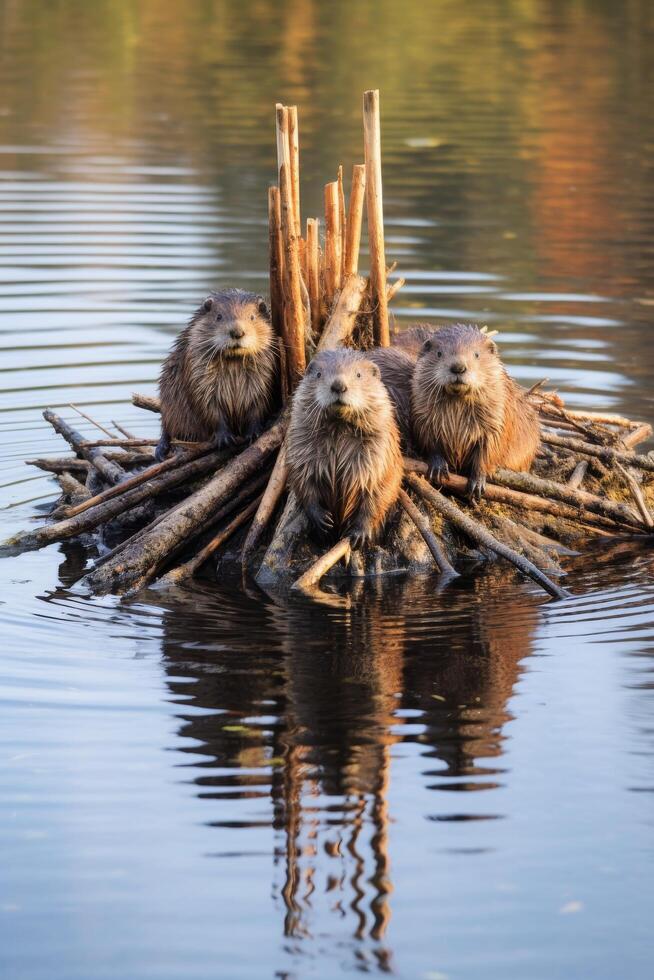 Beavers building a dam in a tranquil pond photo
