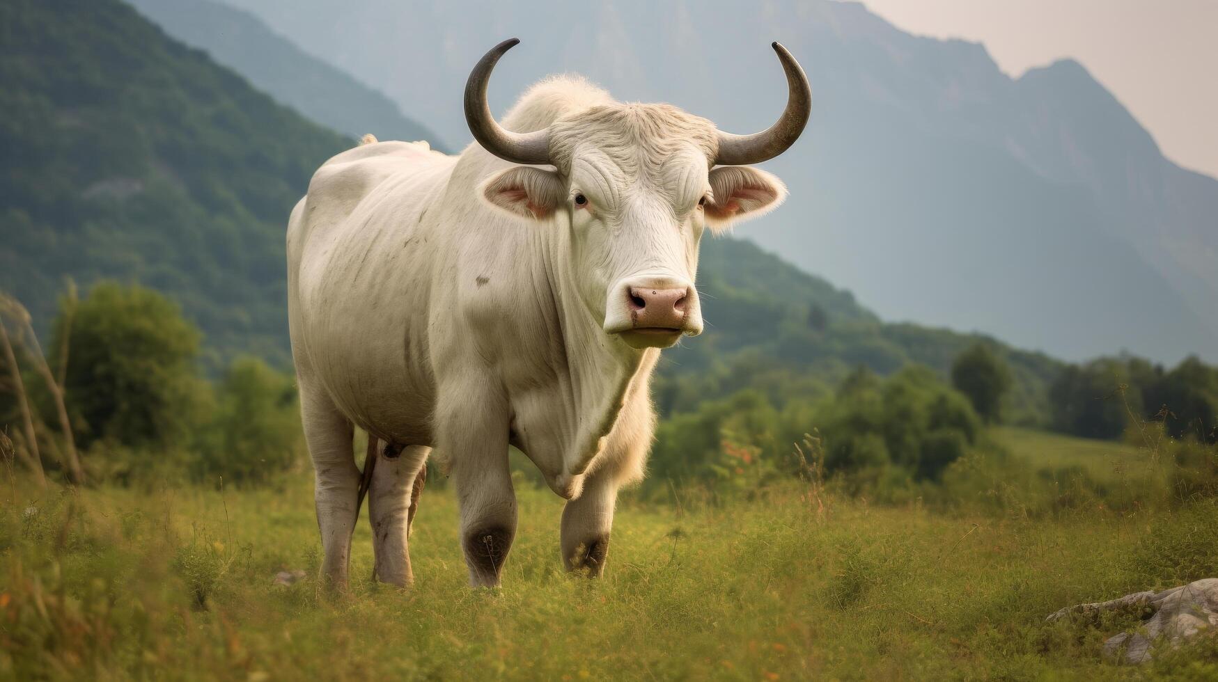 White yak standing in mountain meadow photo