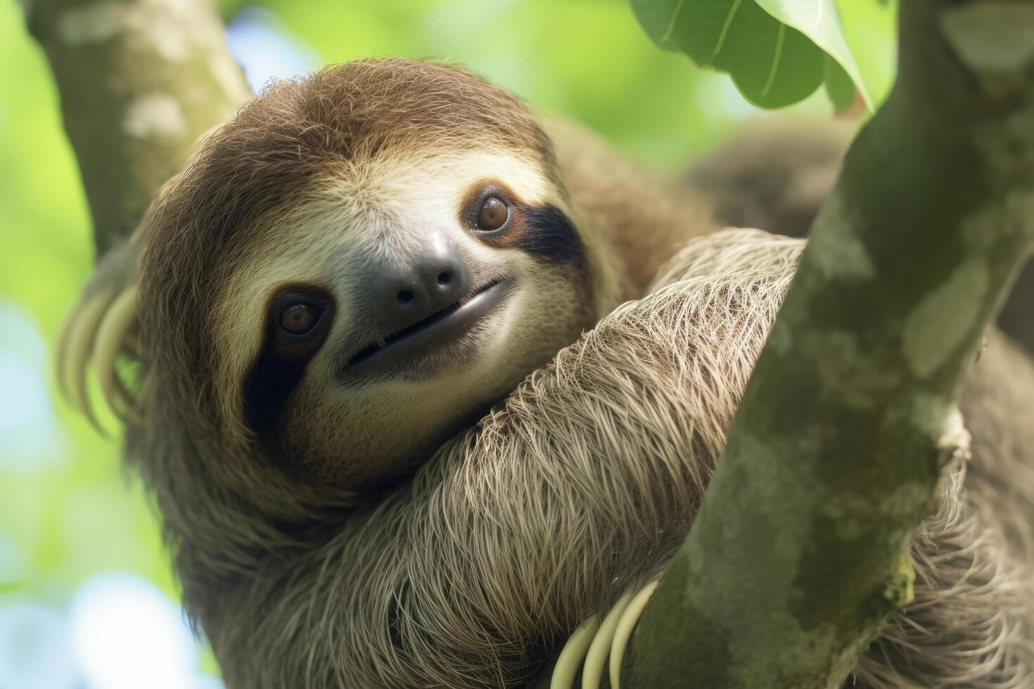 Cute sloth hanging on tree branch photo