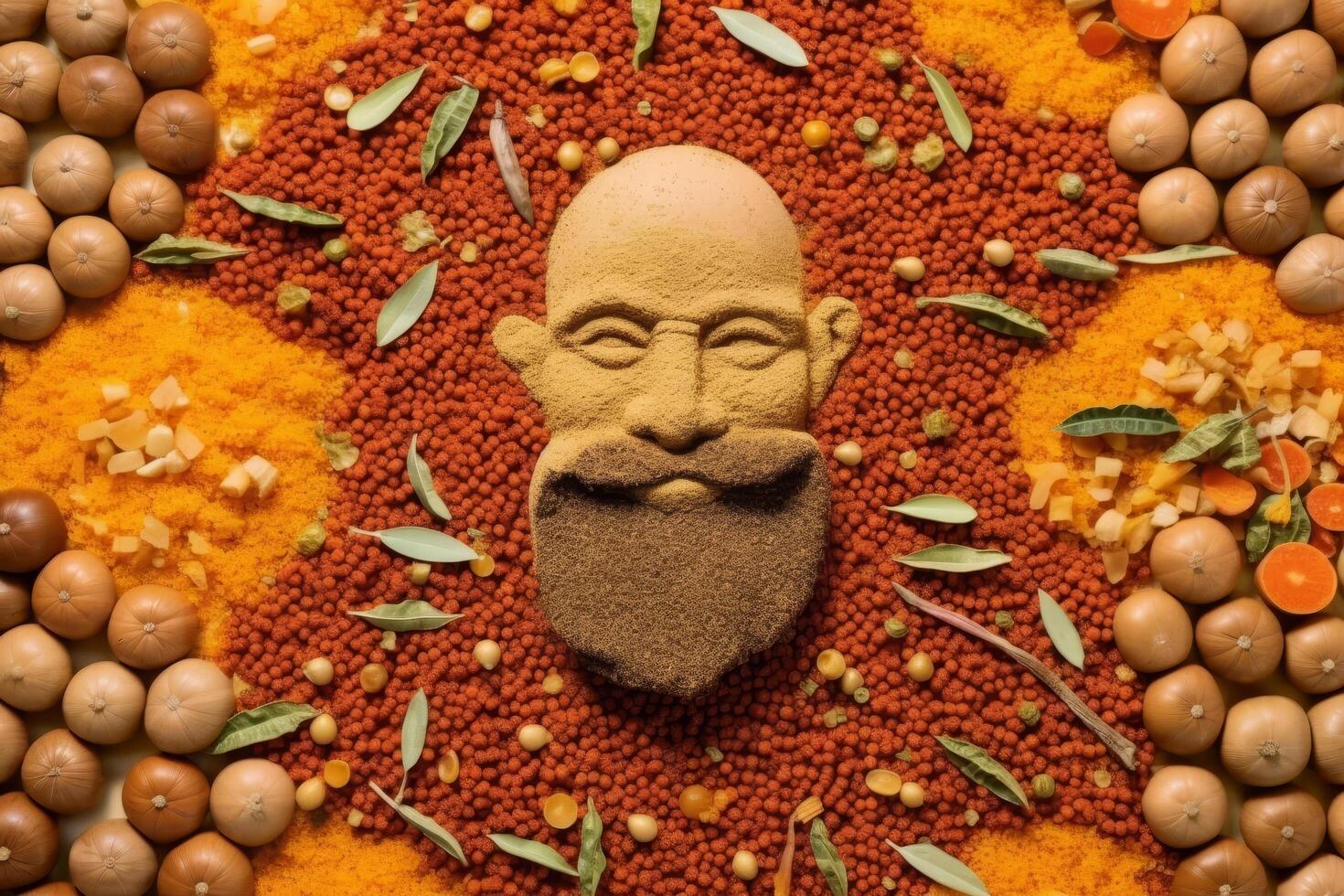 Spices and herbs arranged around a carved stone face photo